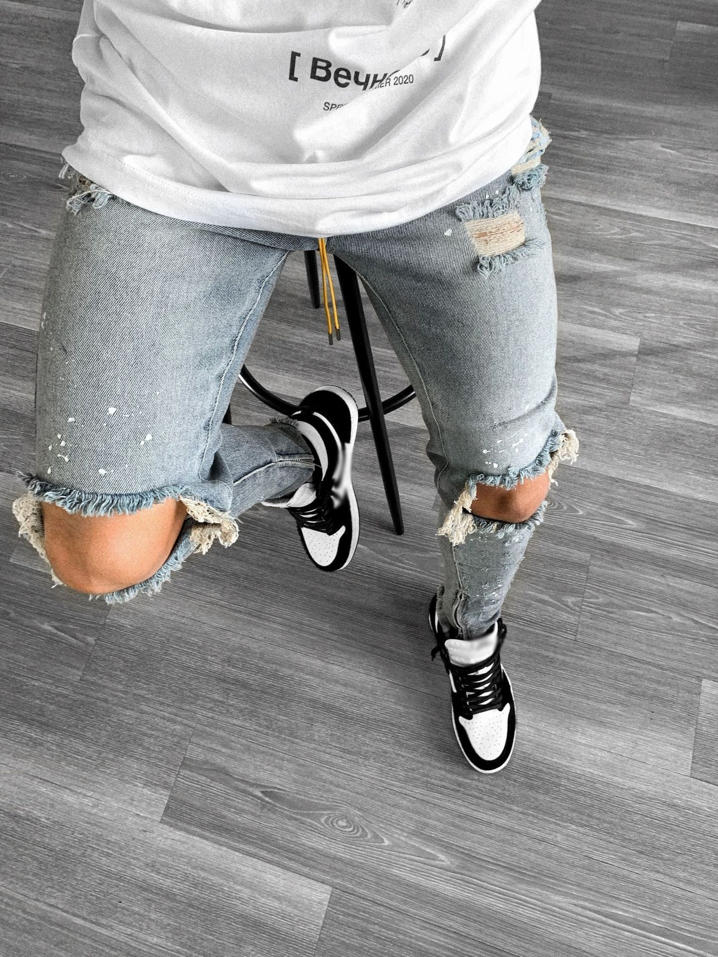 Men Jeans Stretch Destroyed Ripped Paint point Design Fashion Ankle Zipper Skinny Jeans For Men